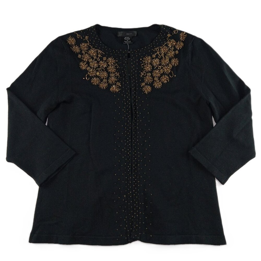 WD.NY. Women's Beaded Cardigan Sweater Size Medium Black Silk Blend 3/4 Sleeve